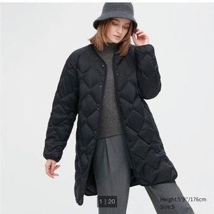 Uniqlo ultra lightweight mid-length down coat.
